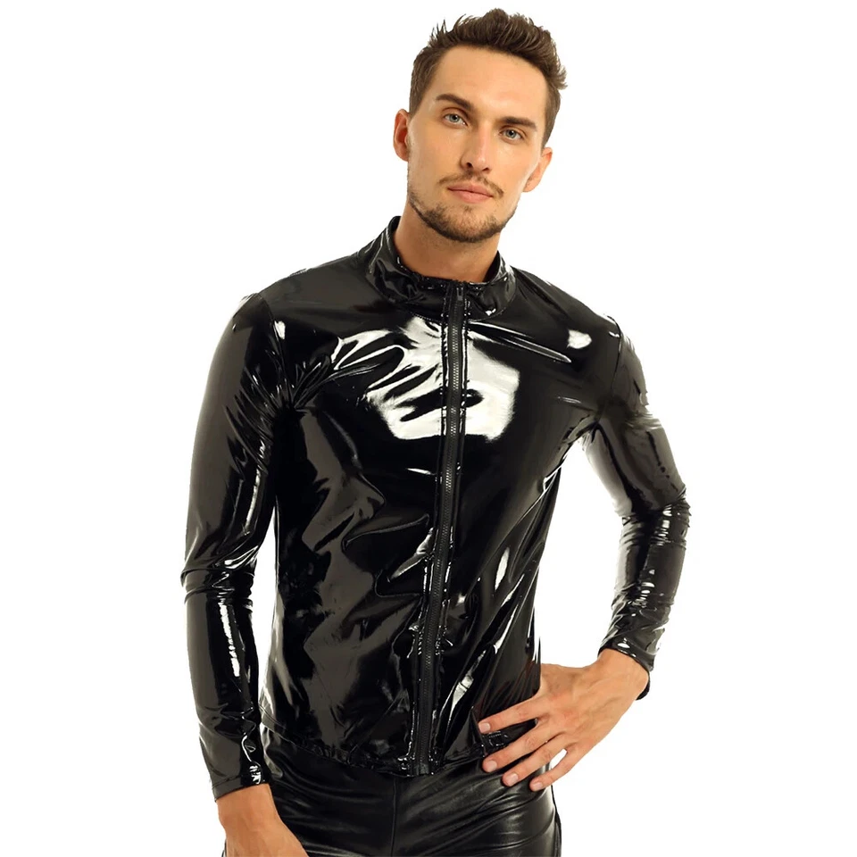 Men Moto Zipper Jacket Tops Glossy PVC Leather Jacket Outdoor Golf Coat Costumes - Image 2 of 4