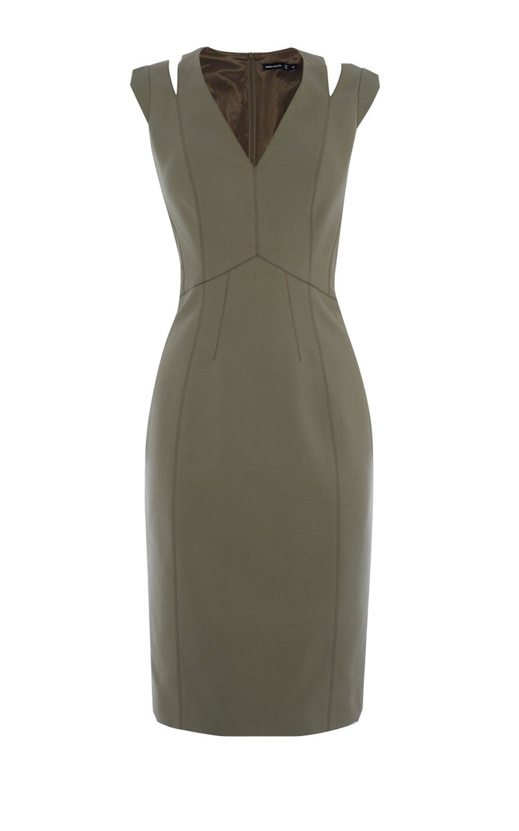 green karen millen dress Karen Millen Satin Twill Draped Waist Structured Tailored Maxi Dress in Green
