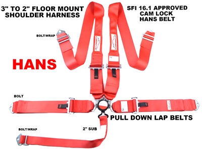 HANS CAM LOCK RACING HARNESS SFI 16.1 5 POINT FLOOR MOUNT RACE BELT RED