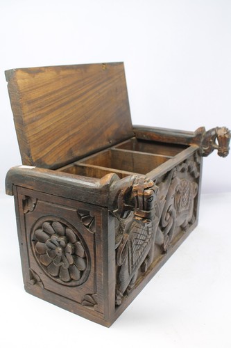 Antique Old Wooden Elephant Fighting Carved Storage Multi Purpose Use Box NH6805 - Picture 9 of 12