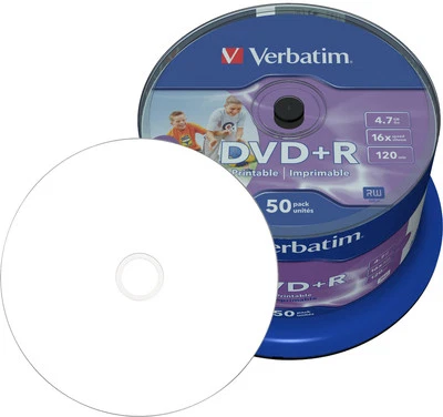 50 Verbatim DVD+R 4,7GB 16x wide photo printable no-ID voll bedruckbar Spindel