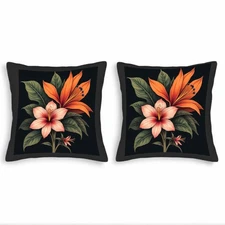 Set of 2 Decorative Throw Pillow Covers 18x18in - Black Floral Design 