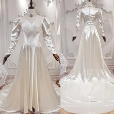 Victorian Satin Wedding Dress Long Sleeve Sweep Train Vintage A Line Bridal Gown
