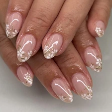 evpct 3D Nude Pink Press on Nails Short Almond with Gold White Flower Design,...