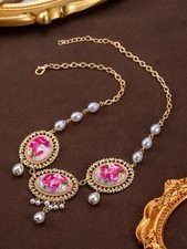 Vintage Style Floral Cameo Necklace Gold Tone Faux Pearl Rhinestone Pendant