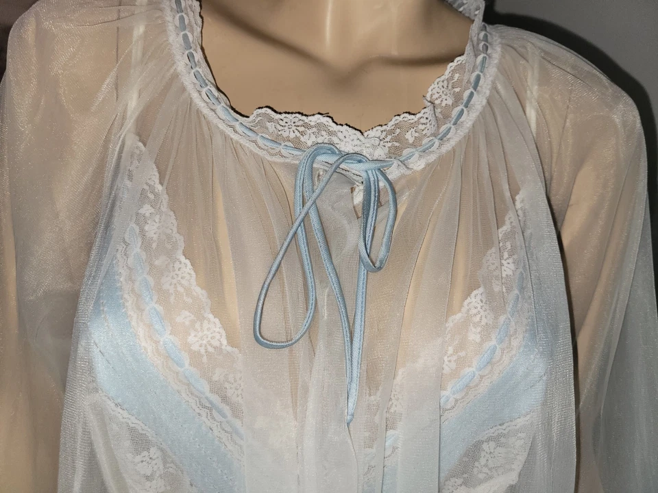 Bom Usado Vintage Miss Elaine Longo Transparente Branco & Azul Conjunto Peignoir Bom 37.5-40 - Imagem 2 de 4