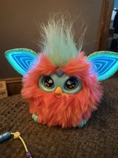 Interactive 2023 Furby Plushy Coral Teal Orange Fur / Turquoise Works With Comb
