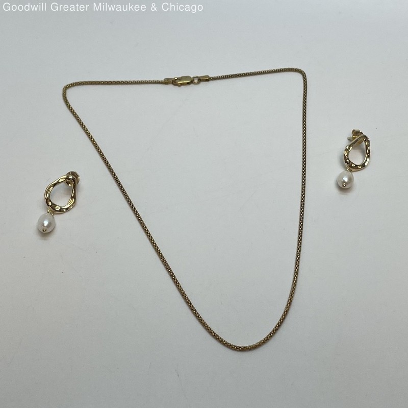 925 Vermeil Chain Necklace & Pearl Post Earrings 6.2g