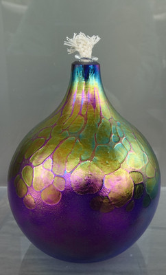 Signed 1999 Roger Vines Studio Art Glass Textured Iridescent Oil Lamp
