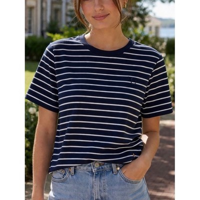 House of Gravity Womens T-Shirt Navy Blue White Large Striped Nautical Preppy