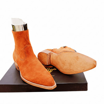 Men s Suede Boots Cuban Heel Double Leather Sole Handmade Dress Boots