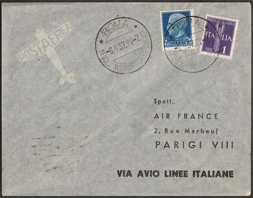 1937 6 APR AEROGRAM FOR PARIS (FRA) FRANKED FOR L.2.25 "IMPERIAL PO+PA"