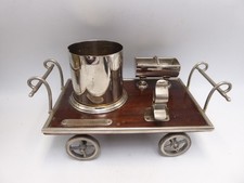 ANTIQUE DECO SMOKERS SET TABLE TROLLEY CAR OAK SILVER PLATE PIPE CIGARETTE MATCH