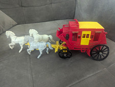 Ideal Vintage Western Stagecoach Wagon Toy w/ 3 Horses Red  Yellow