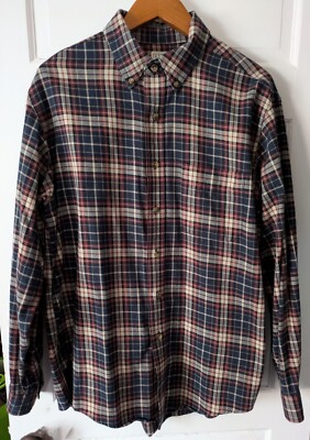 LL Bean Flannel Shirt Mens Sz MED Burgundy/Navy/Ivory Plaid Button Down Plaid 