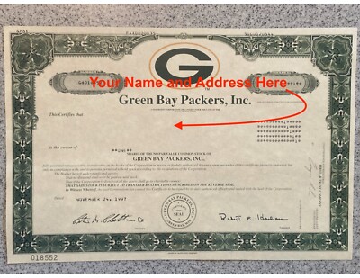 SAVE OVER $100K-Personalized Laser Copy Green Bay Packers 1997 Stock Certificate