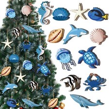 24 Pcs Christmas Wooden Ornaments Ocean Beach Tree Decorations Coastal Nautic...