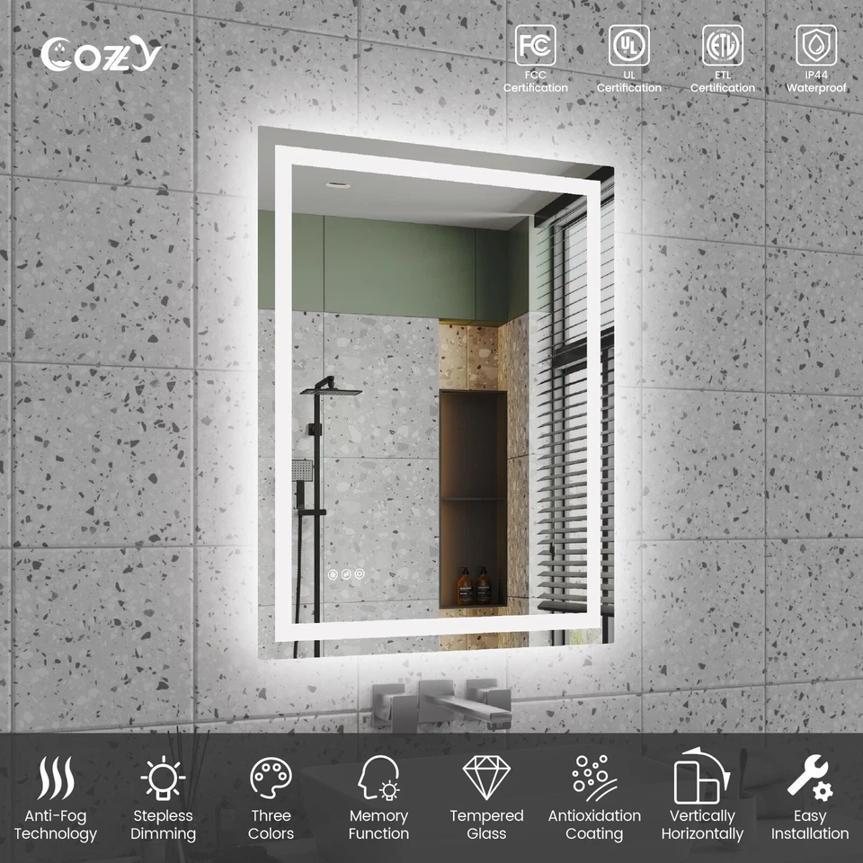 28x36'' LED Bathroom Mirror Wall Vanity Mirror Dimmable Anti-fog Tempered Glass - Image 2 of 4