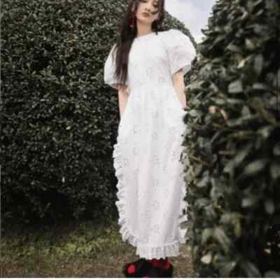 Simone Rocha x HM Broderie Anglaise Ösenstickerei Kleid Gr 38, Puffärmeln, Weiß