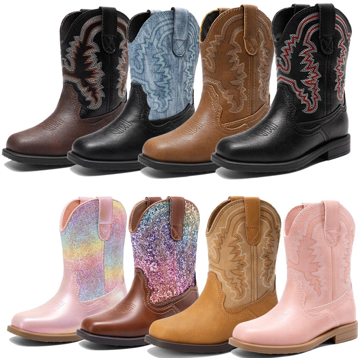 DREAM PAIRS Boys Girls Cowboy Boots Western Square Toe Riding Mid Calf Boots