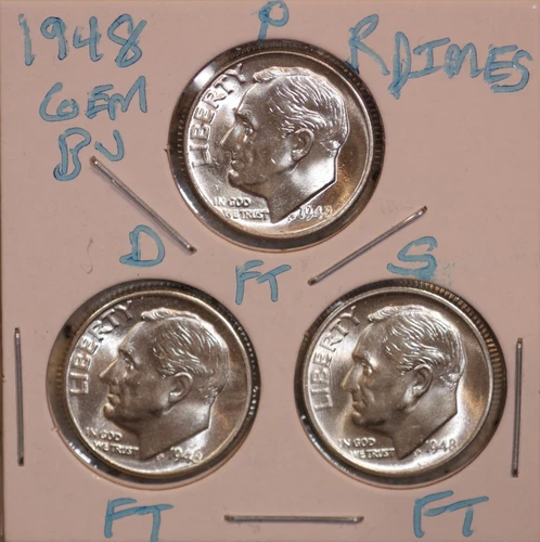 1948 P D S ROOSEVELT DIME GEM BU SET  ALL FULL BANDS KEY DATES! 48735