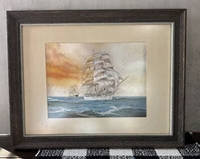 Vintage F. J. Warren Sailboats Art Picture Framed 13.5” L X  10.5” T