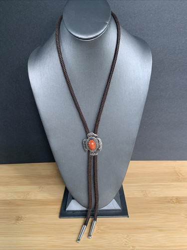 Vintage Native American Carnelian Stone Thunderbird Bolo Tie Brown Cord - Picture 3 of 10