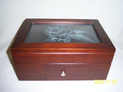 Wooden Jewelry Box With Etched Rose In The Glass Top