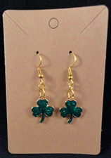 Green Three Leaf Clover Earrings - Gold Hook - St Patrick's Day - Handmade - B