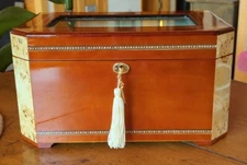 Gorgeous Marquetry Inlaid Jewelry Box, Beveled Glass Window & Mirror