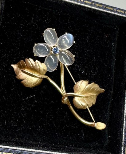 Retro Mondstein Saphir Blume Brosche 14 Karat Gold Antik Midcentury - Bild 6 von 21