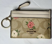 Coach Mini Skinny ID Card Case Signature Floral Canvas Khaki Chalk Zip Key Ring
