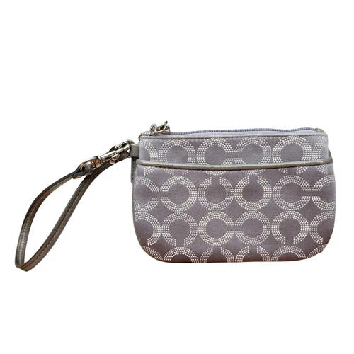 Portafoglio Coach grigio argento firmato tela da polso Grab & Go Bag portamonete