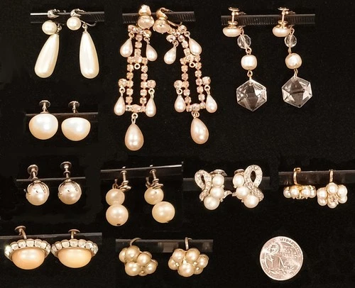 Vintage 10 Pairs Costume Jewelry Faux Pearls & Rhinestones Clip-On Earrings