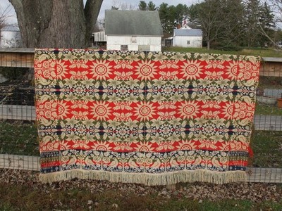 Antique Woven Red Green Blue Floral Coverlet Signed Frederick County MD 80x86