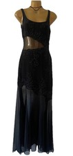 Vtg Tadashi Shoji Long Dress Black Beaded Floral Mesh Sheer Formal Prom Wedding