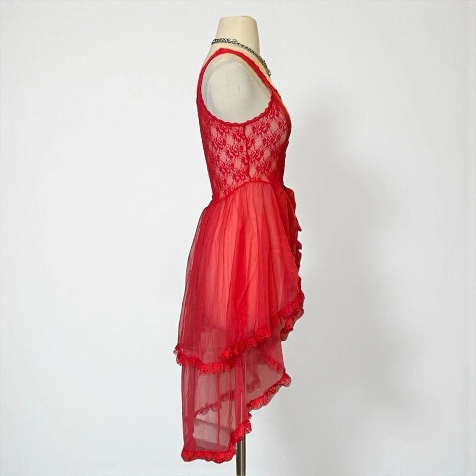 Vestido Corsé Asimétrico Babydoll Encaje Rojo Vintage Transparente Romántico Gótico pequeño Foto 3 de 4