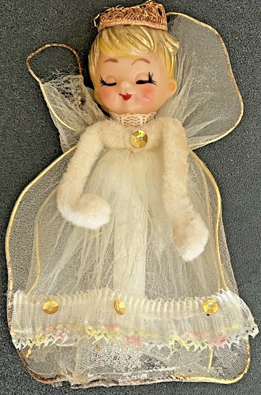 VTG 1950s Angel Ornament Mesh Tulle Dress on Wire Plastic Head Hand Painted Face
