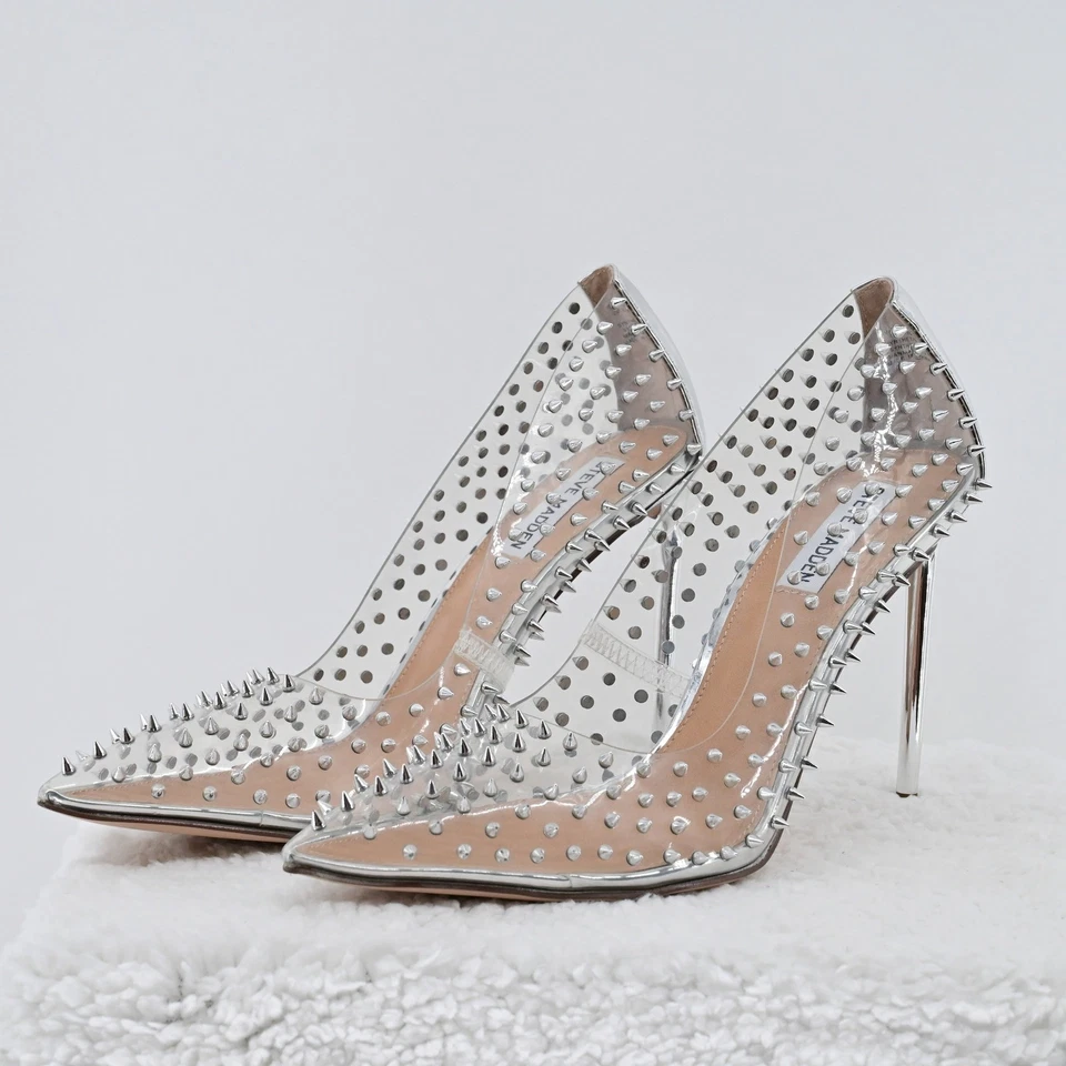 Zapatos de tacón de aguja Steve Madden transparentes con tachuelas plateados punta para mujer talla 10 vampiro Foto 2 de 4