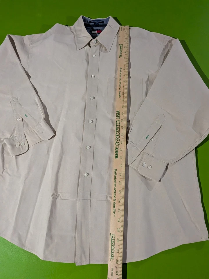 VTG Tommy Hilfiger Flag Crest Logo Beige Button-Up Dress Shirt Men's 17 32-33 - Изображение 4 из 4