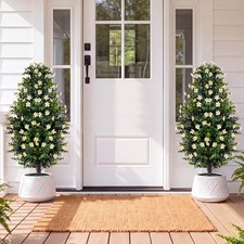 Set of 2 Artificial Topiary Trees, 3 FT Fake Bushes, Sun-Resistant, Round Leaves