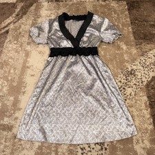Vtg Y2K Guess Jeans Silver Metallic Mini Dress Small Petite Deep V Babydoll