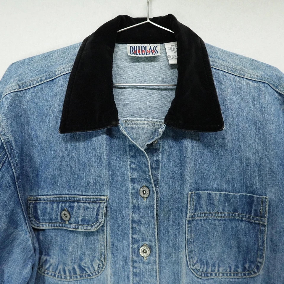 Chaqueta vaquera vintage Bill Blass para mujer grande azul denim cuello terciopelo tareas años 90 Foto 2 de 4
