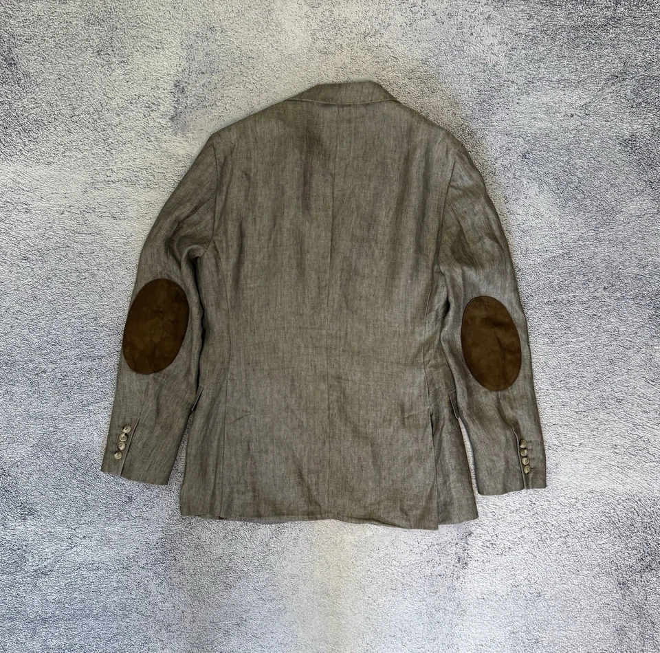 Hackett London Linen Blazer 38R 48R Herringbone Elbow Patches 3 Button Jacket - Image 4 of 4