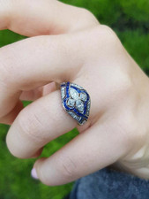 Beautiful Edwardian Art Deco Old Mine Cut Blue Sapphire Engagement Women Ring
