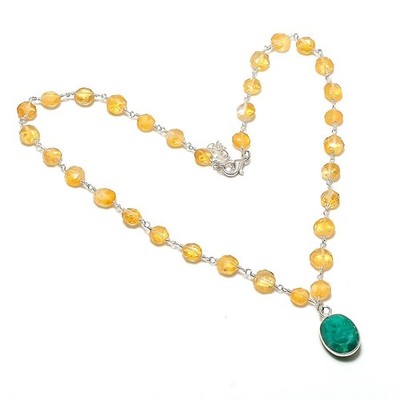Necklace Green Jade, Citrine Gemstone 925 Sterling Silver Jewelry 20'' G692