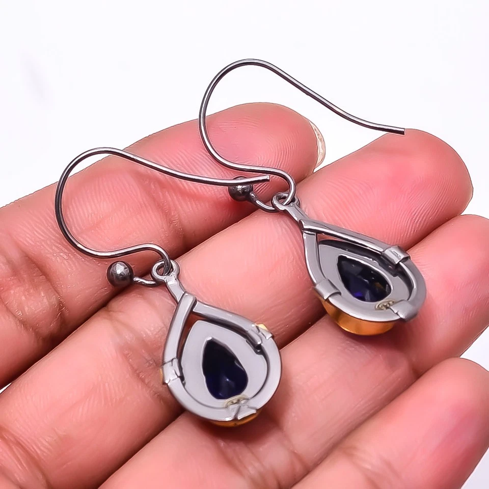 Pendiente chapado en rodio de plata 925 zafiro azul (simulado) negro y oro 1,76" Foto 2 de 4