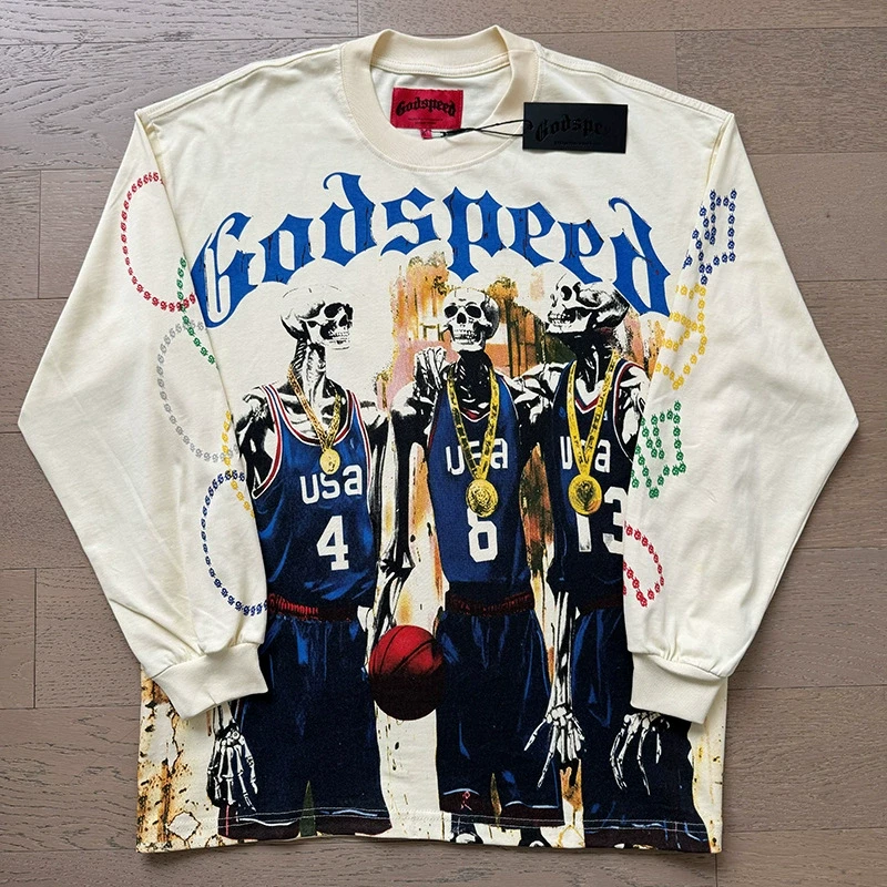 Godspeed long-sleeved heavy high street pure cotton printed round neck shirt - Image 4 of 4