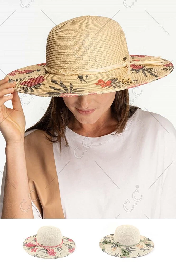 C.C Exclusive Women's Tropical Floral Palm Tree Print Wide Brim Straw Sun Hat