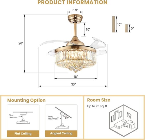 Versatile Indoor Crystal Ceiling Fan Light - Adjustable Brightness & Color Temp - Picture 8 of 10